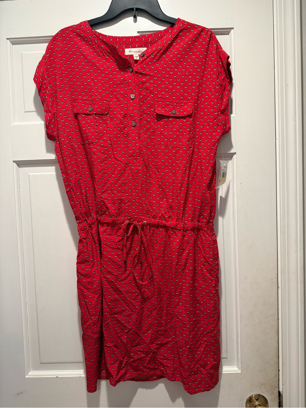 Two by Vince Camuto Red Print Drawstring Waist Dress size M NWT